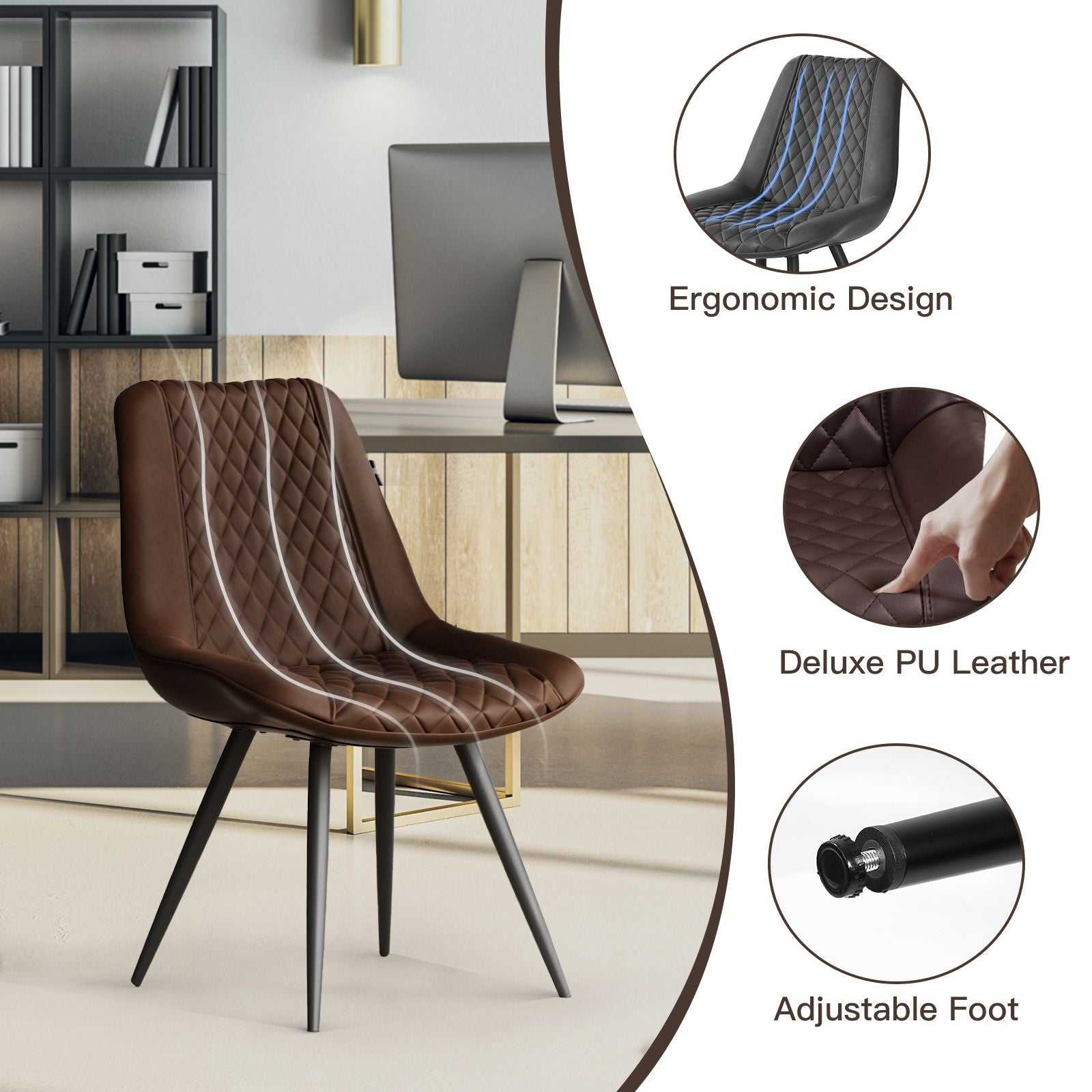 Modern Dining Chairs Set of 2, Top PU Leather Upholstered Dining Room Chairs with Metal Legs, Ergonomic Kitchen Chairs for Kitchen Dinning Room - luxuryhomedecoridea.com