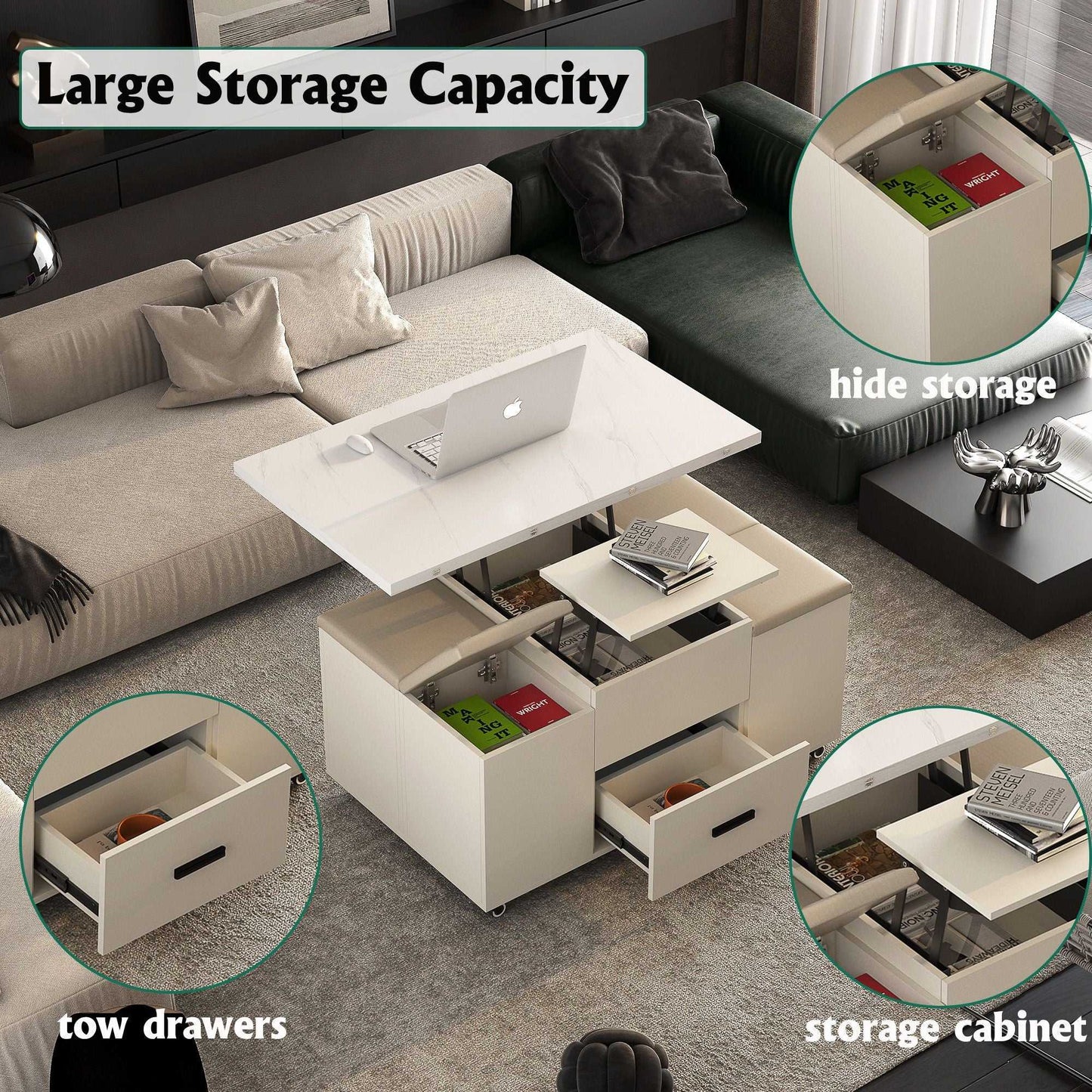 Modern Lift-Up Coffee Table with 4 Stools Set for Living Room Expandable 1 Hidden Storage + 2 Drawers Space Saving Folding Dining Table - luxuryhomedecoridea.com
