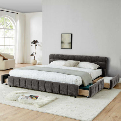 King Size Upholstered Bed ,comfortable upholstered bed frame, Chenille fabric, with headboard and solid bed frame. With drawer for storage.-Dark Gray(88.5''*85.5''*31'') - luxuryhomedecoridea.com