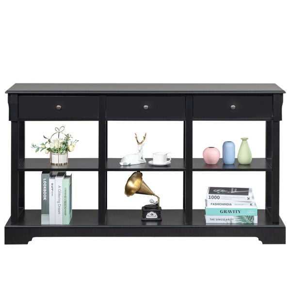 Console Sofa Table with Ample Storage; Retro Kitchen Buffet Cabinet Sideboard with Open Shelves and 3 Drawers; Accent Storage Cabinet for Entryway/Living Room Black Color - luxuryhomedecoridea.com