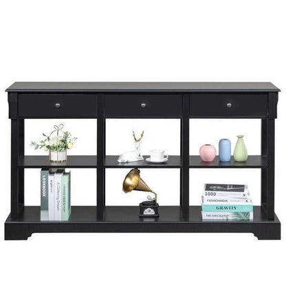 Console Sofa Table with Ample Storage; Retro Kitchen Buffet Cabinet Sideboard with Open Shelves and 3 Drawers; Accent Storage Cabinet for Entryway/Living Room Black Color - luxuryhomedecoridea.com