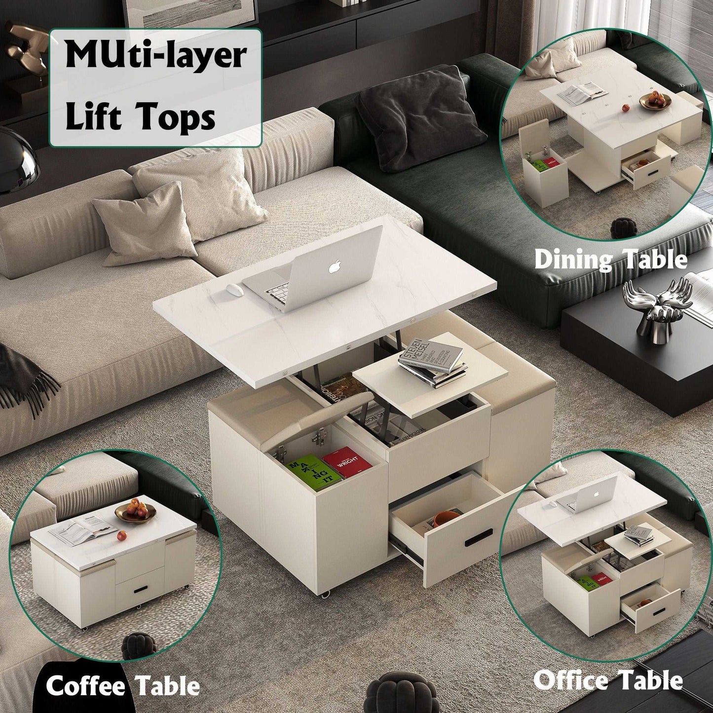 Modern Lift-Up Coffee Table with 4 Stools Set for Living Room Expandable 1 Hidden Storage + 2 Drawers Space Saving Folding Dining Table - luxuryhomedecoridea.com