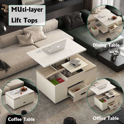 Modern Lift-Up Coffee Table with 4 Stools Set for Living Room Expandable 1 Hidden Storage + 2 Drawers Space Saving Folding Dining Table - luxuryhomedecoridea.com