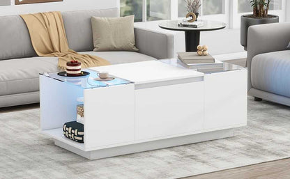 U-Can Led Coffee Table, Modern Center Table with High-Gloss Finish and Glass Tabletop, Coffee Table with Open Storage Compartment and 2 Hidden Drawers for Living Room - luxuryhomedecoridea.com