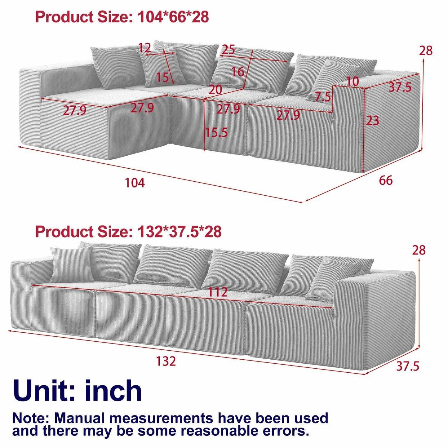 104-Inch Corduroy Modular L Shaped Sectional Sofa,Luxury Floor Couch Set,Upholstered Indoor Furniture,Foam-Filled Compressed Sofa for Living Room,Bedroom,4 PC Free Combination - luxuryhomedecoridea.com