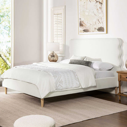 Scandinavian Chic Queen Bed with Wavy Headboard in Antique White Polyester - luxuryhomedecoridea.com