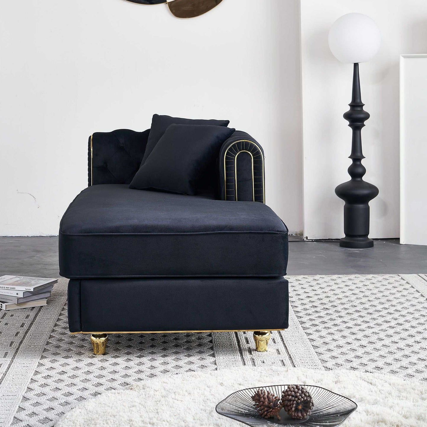 66.9''W Velvet Chaise Lounge,Luxury Modern Chaise Furniture,Tufted Back with 2pcs toss pillows for Living Room,Bedroom,Apartment,Black Color - luxuryhomedecoridea.com