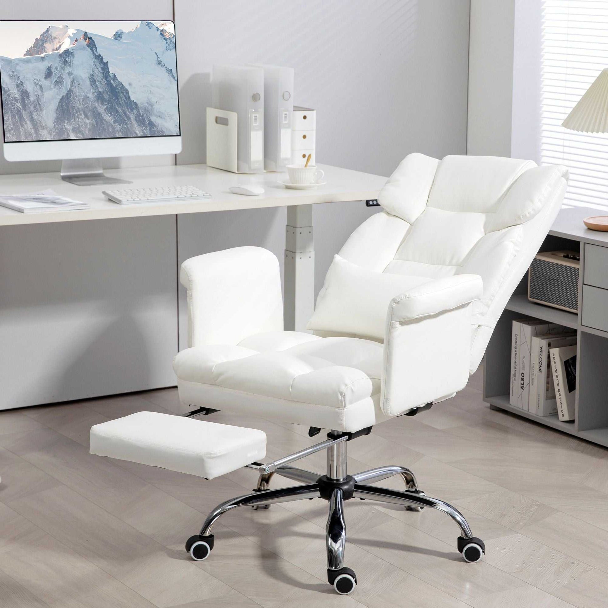 Executive Office Chair with Footrest and Lumbar Support, PU Leather Reclining Office Desk Chair, Ergonomic and Swivel, White - luxuryhomedecoridea.com