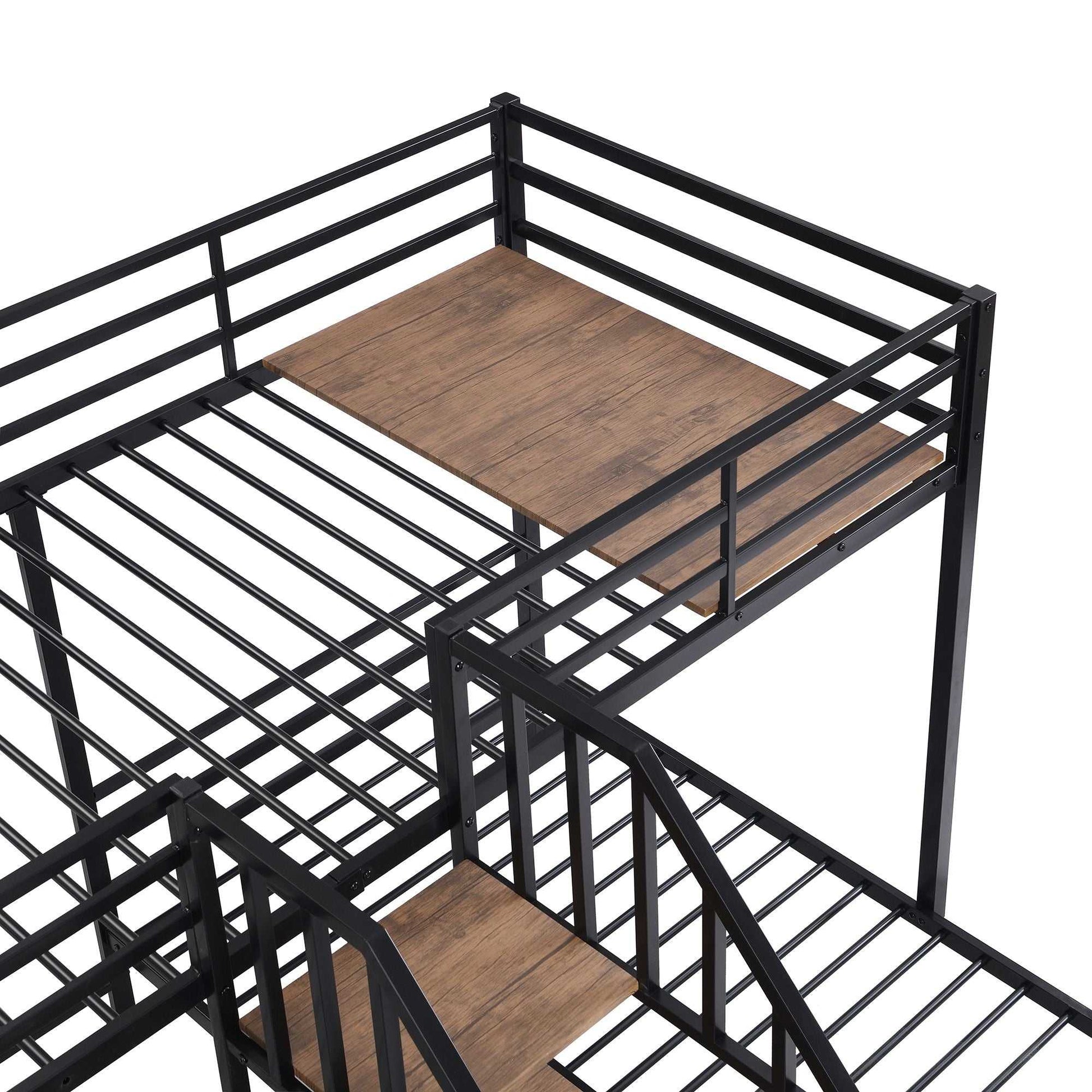Metal Twin over Twin & Twin Bunk Bed, Triple Bunk Bed with Storage Shelves Staircase, Black - luxuryhomedecoridea.com