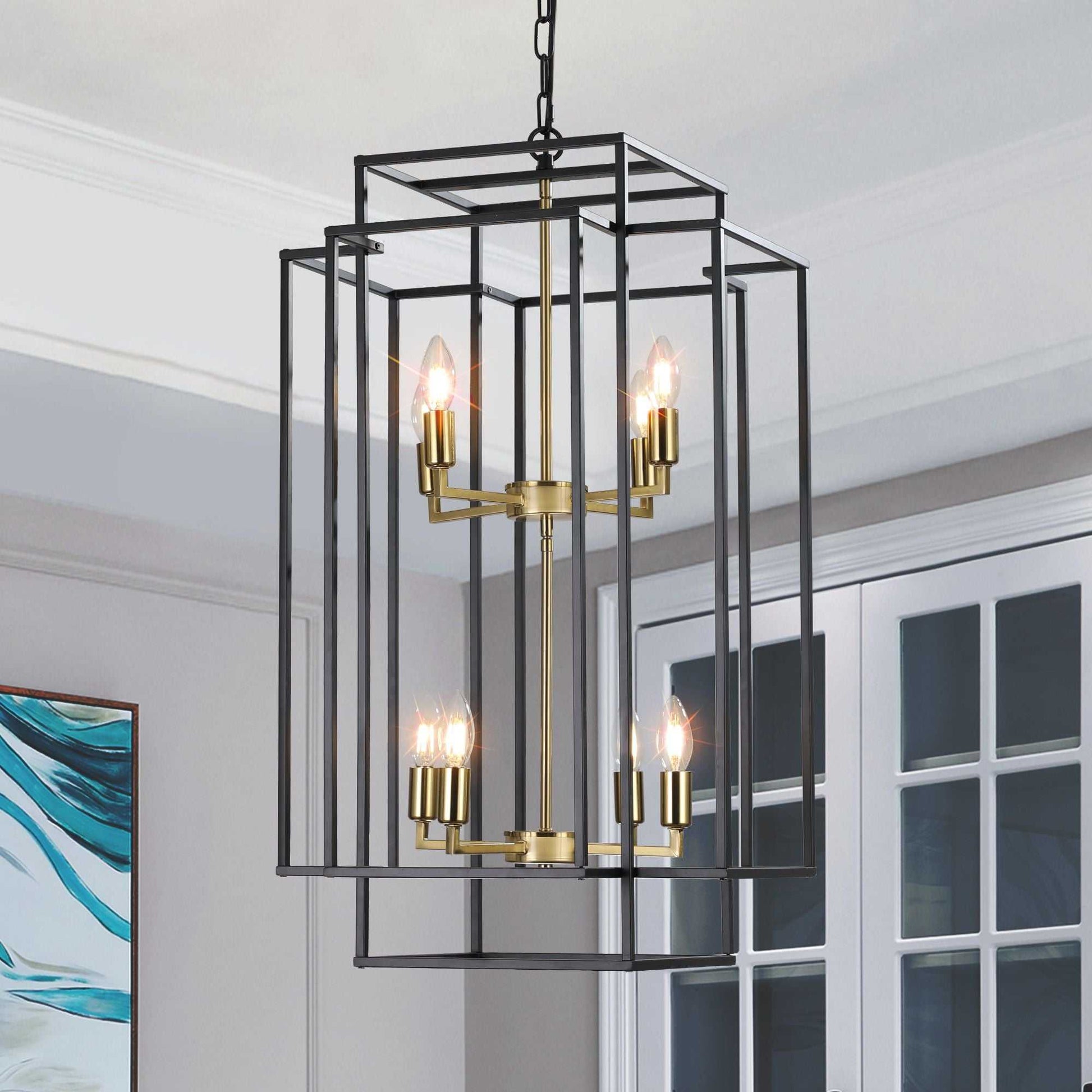 (Same as W1340142524/L1018-G) 18" Modern 8-Light Black Gold Geometric Pendant Chandelier, Industrial Metal Frame, Adjustable Hanging Light for Living Room, Dining Room, Kitchen (No Bulbs) - luxuryhomedecoridea.com