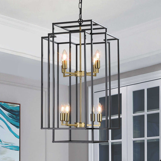 (Same as W1340142524/L1018-G) 18" Modern 8-Light Black Gold Geometric Pendant Chandelier, Industrial Metal Frame, Adjustable Hanging Light for Living Room, Dining Room, Kitchen (No Bulbs) - luxuryhomedecoridea.com