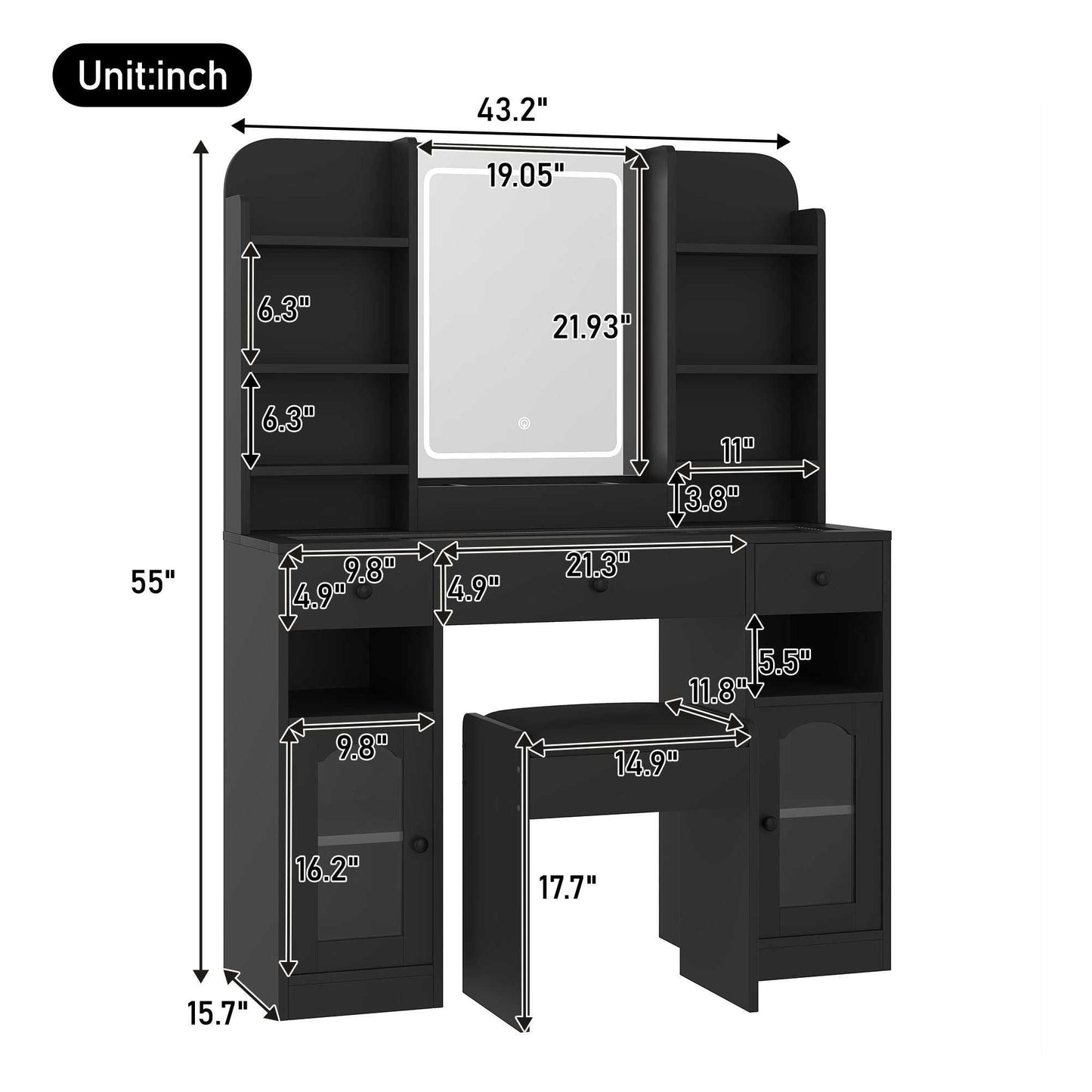 43.2" Vanity Desk with LED Mirror and Lights, Glass Top Vanity with RGB Glass Light Cabinets, Dressing Table with 3 Drawers ,Storage Shelves and Stool for Bedroom - luxuryhomedecoridea.com