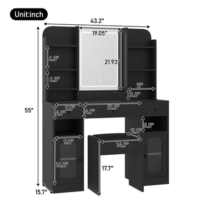 43.2" Vanity Desk with LED Mirror and Lights, Glass Top Vanity with RGB Glass Light Cabinets, Dressing Table with 3 Drawers ,Storage Shelves and Stool for Bedroom - luxuryhomedecoridea.com