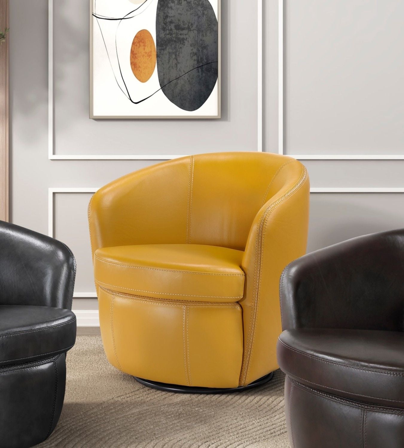 Luxury Living Room Furniture Swivel Chair Yellow Top Grain Leather Upholstery Solid Wood 1pc Barrel Back Accent Chair - luxuryhomedecoridea.com