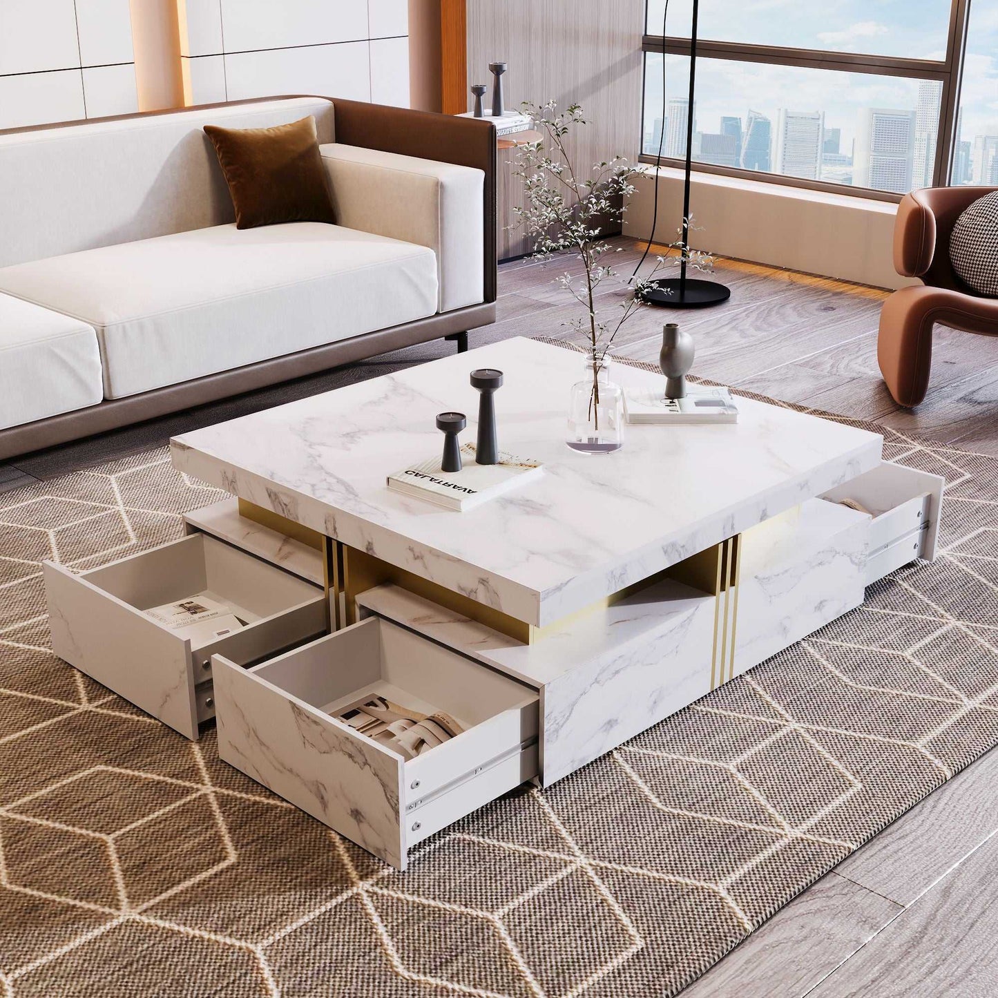 Modern Square Storage Coffee Table With 4 Drawers - luxuryhomedecoridea.com