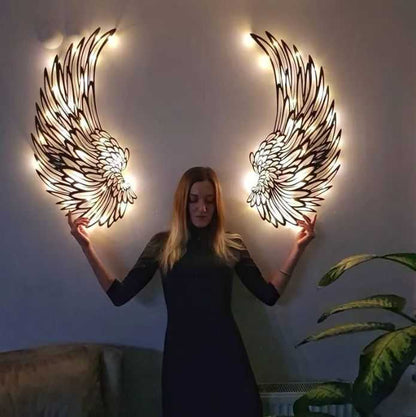 Carved Metal Wall Decor Art With Light Angel Wings Decoration - luxuryhomedecoridea.com
