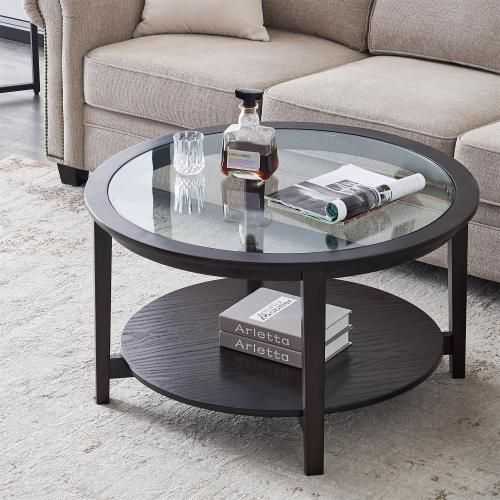 Modern Solid wood round coffee table with tempered glass top black color-36" - luxuryhomedecoridea.com