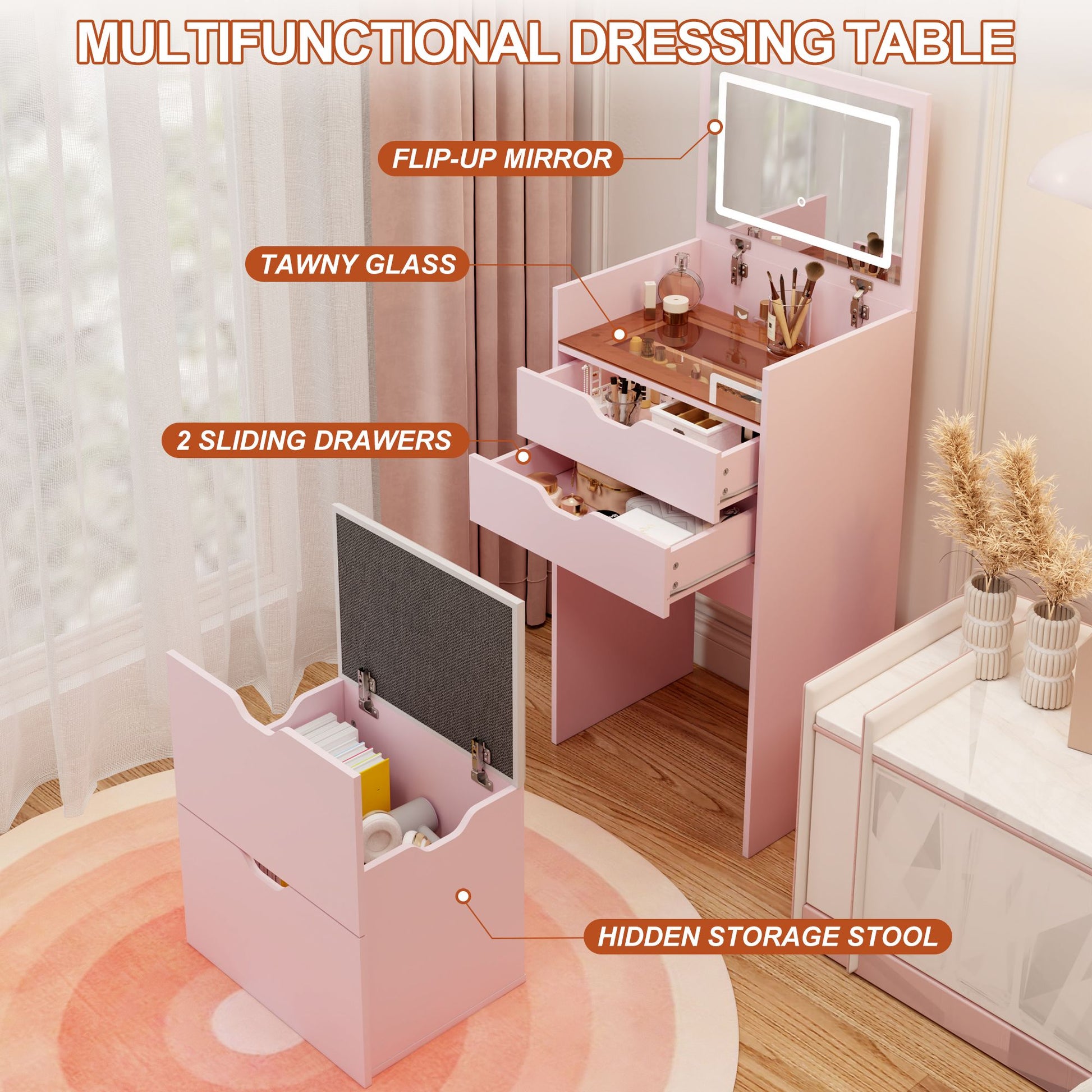 Dressing Table and Stool, 3-in-1 Multifunctional Dressing Table Set, Featuring Three-color Lighting Modes, HD Mirror, Two Sliding Drawers, and a Hidden Storage Stool - luxuryhomedecoridea.com