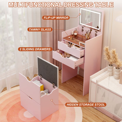 Dressing Table and Stool, 3-in-1 Multifunctional Dressing Table Set, Featuring Three-color Lighting Modes, HD Mirror, Two Sliding Drawers, and a Hidden Storage Stool - luxuryhomedecoridea.com