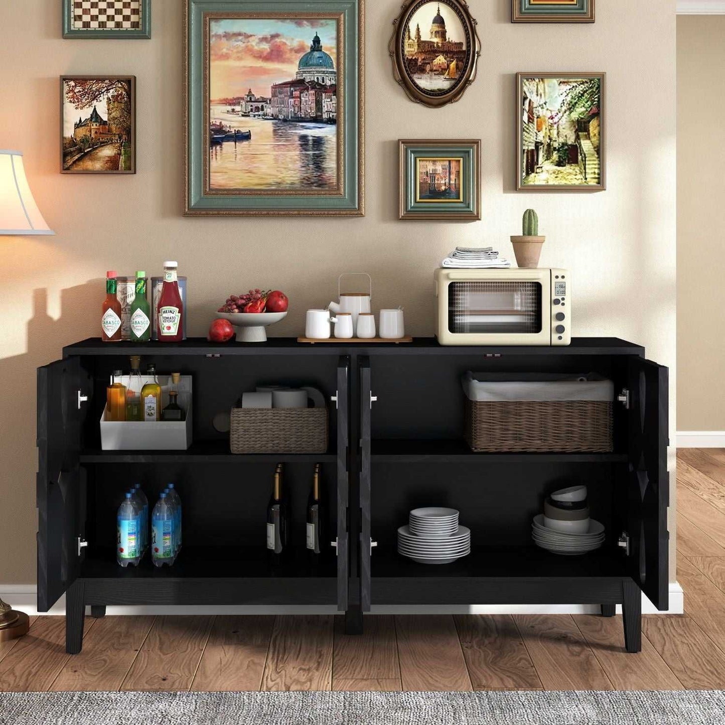60.5" Mid Century Modern Sideboard Buffet Cabinet with Storage, TV Media Console Table, Storage Cabinet with 4 Doors & Adjustable Shelves for Kitchen Dining Living Room Entryway, Black - luxuryhomedecoridea.com