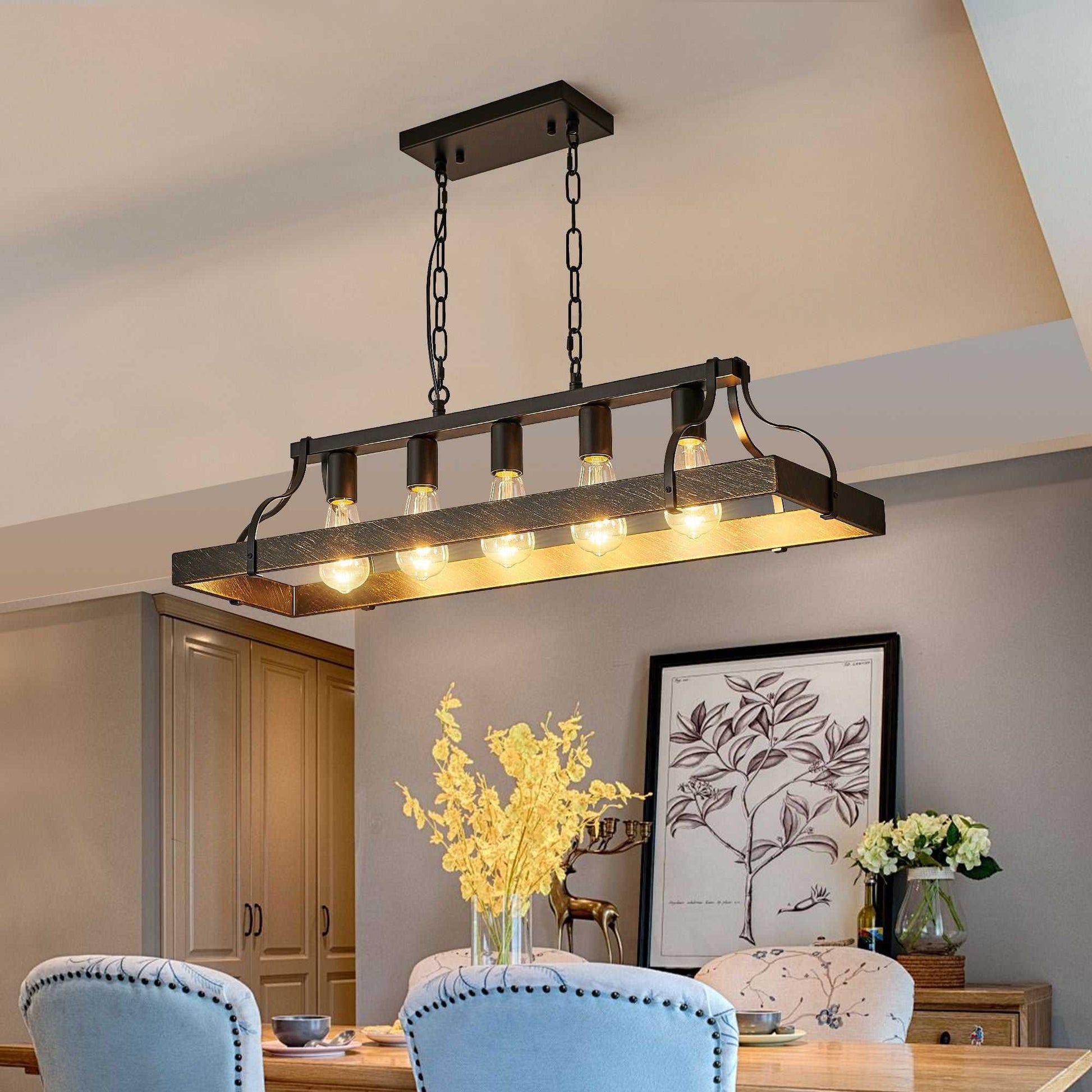 33.7-Inch Black and Gold Vintage Pendant Light, 5 E26 Bulb Sockets, Adjustable Chain Height – Antique Style Chandelier for Dining Room, Kitchen, or Living Room (Bulb Not Included) - luxuryhomedecoridea.com