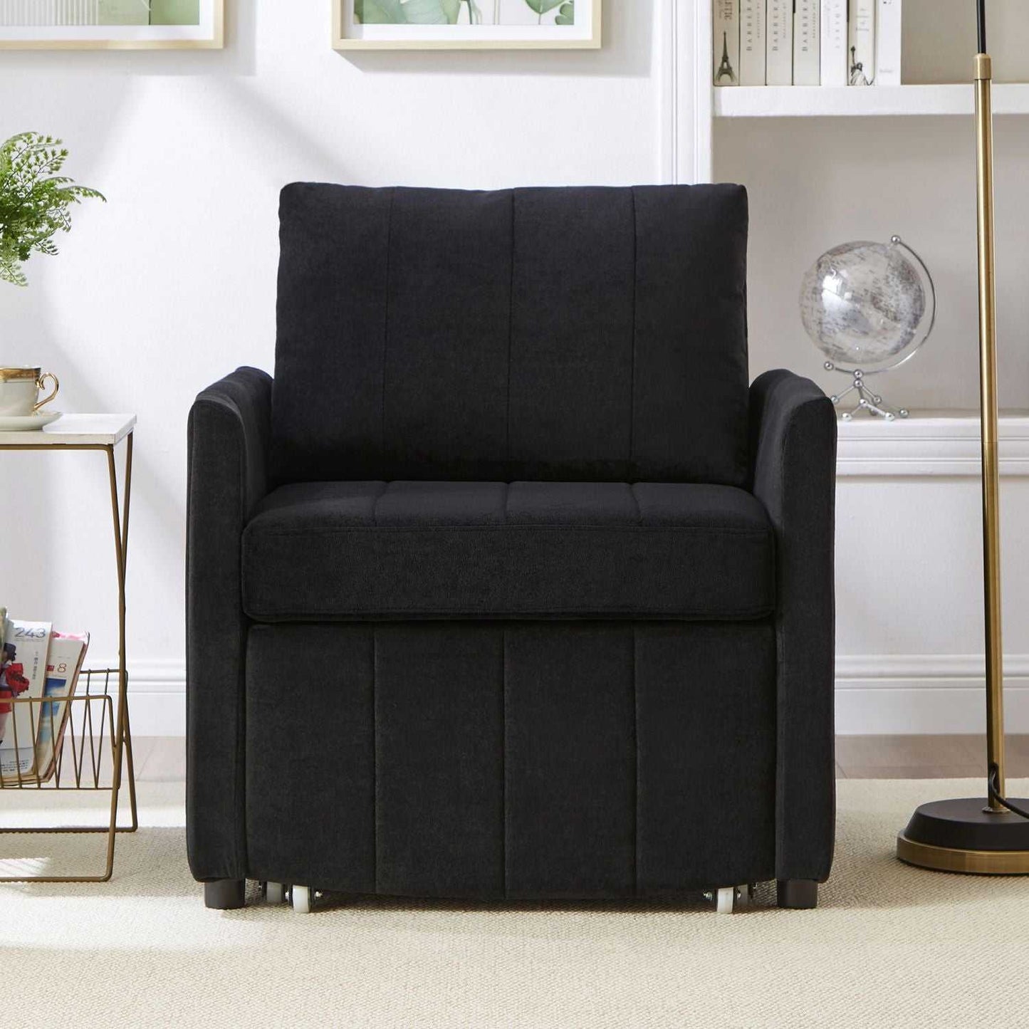 Upholstered Convertible Sleeper Sofa, 31.5" Pull Out Sofa Bed with 5-Position Adjustable Backrest, Side Pockets and a Storage Basket, Fold Out Chair Bed, Lounger For Living Room, Apartment, Black - luxuryhomedecoridea.com