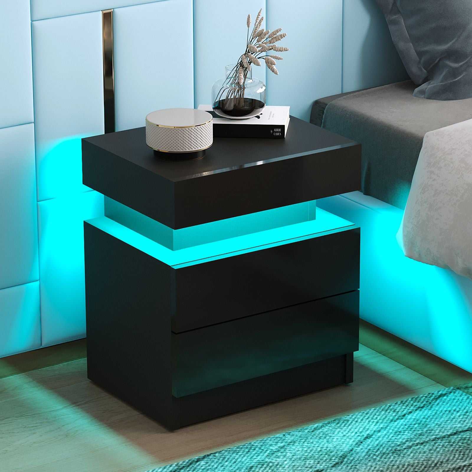 Modern Wood Black Nightstand for Bedroom Furniture with LED Light 2 Drawers Flipping Top Storage Bedside Table - luxuryhomedecoridea.com
