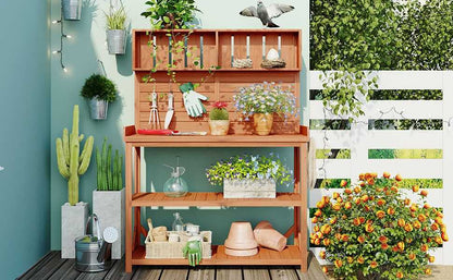 65" Large Wooden Farmhouse Rustic Outdoor Potting Bench Table; Patio Workstation; Garden Potting Bench with 4 Storage Shelves and Side Hook - luxuryhomedecoridea.com