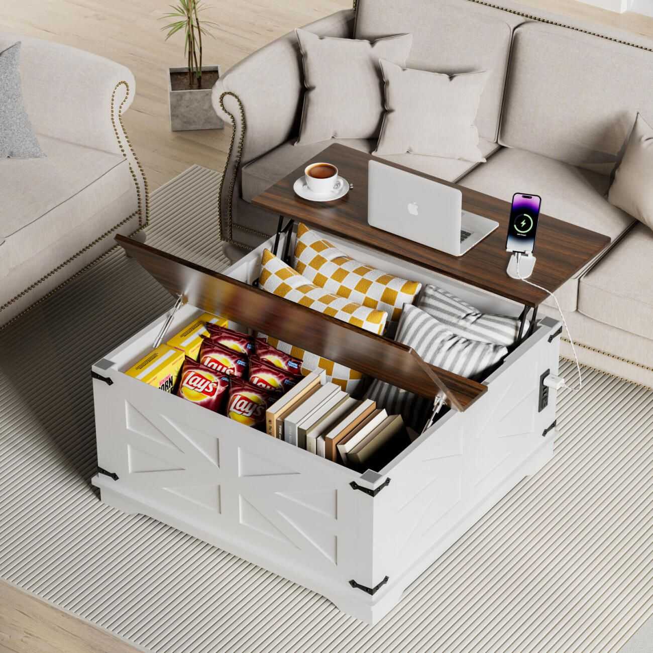 36" Farmhouse Coffee Table with Lift-Top, USB Charging Station & Hidden Storage - Sturdy Wooden Base, - luxuryhomedecoridea.com