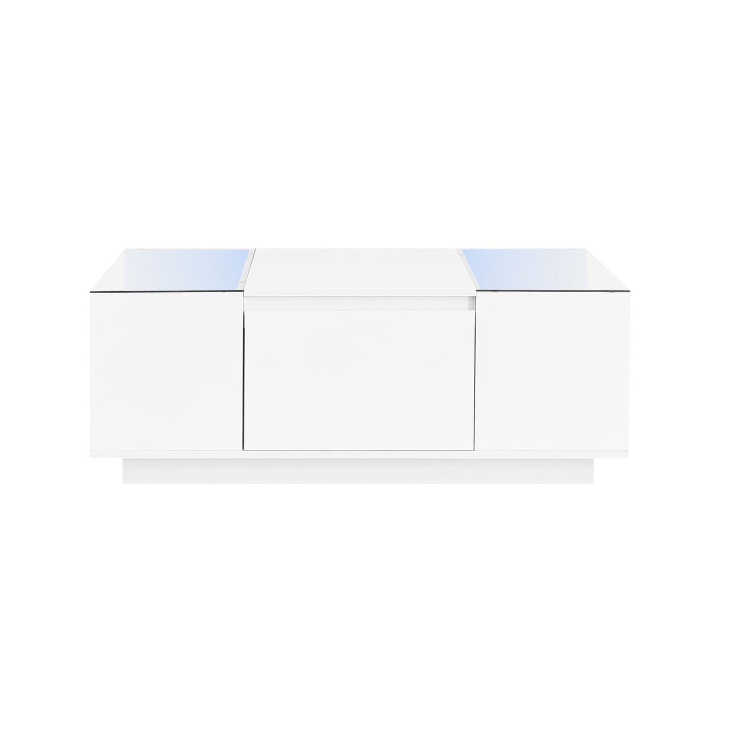 U-Can Led Coffee Table, Modern Center Table with High-Gloss Finish and Glass Tabletop, Coffee Table with Open Storage Compartment and 2 Hidden Drawers for Living Room - luxuryhomedecoridea.com