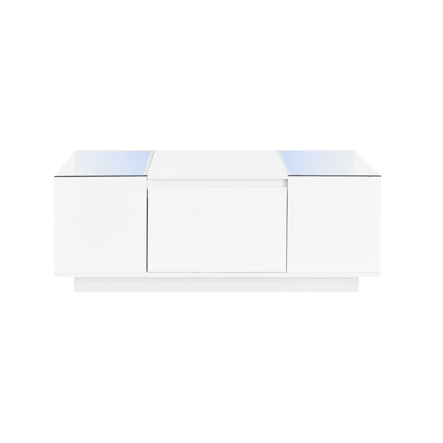 U-Can Led Coffee Table, Modern Center Table with High-Gloss Finish and Glass Tabletop, Coffee Table with Open Storage Compartment and 2 Hidden Drawers for Living Room - luxuryhomedecoridea.com