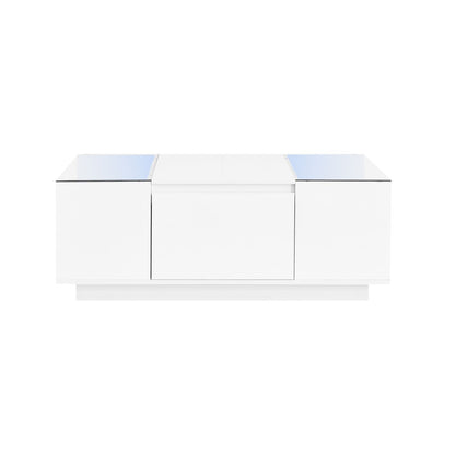U-Can Led Coffee Table, Modern Center Table with High-Gloss Finish and Glass Tabletop, Coffee Table with Open Storage Compartment and 2 Hidden Drawers for Living Room - luxuryhomedecoridea.com