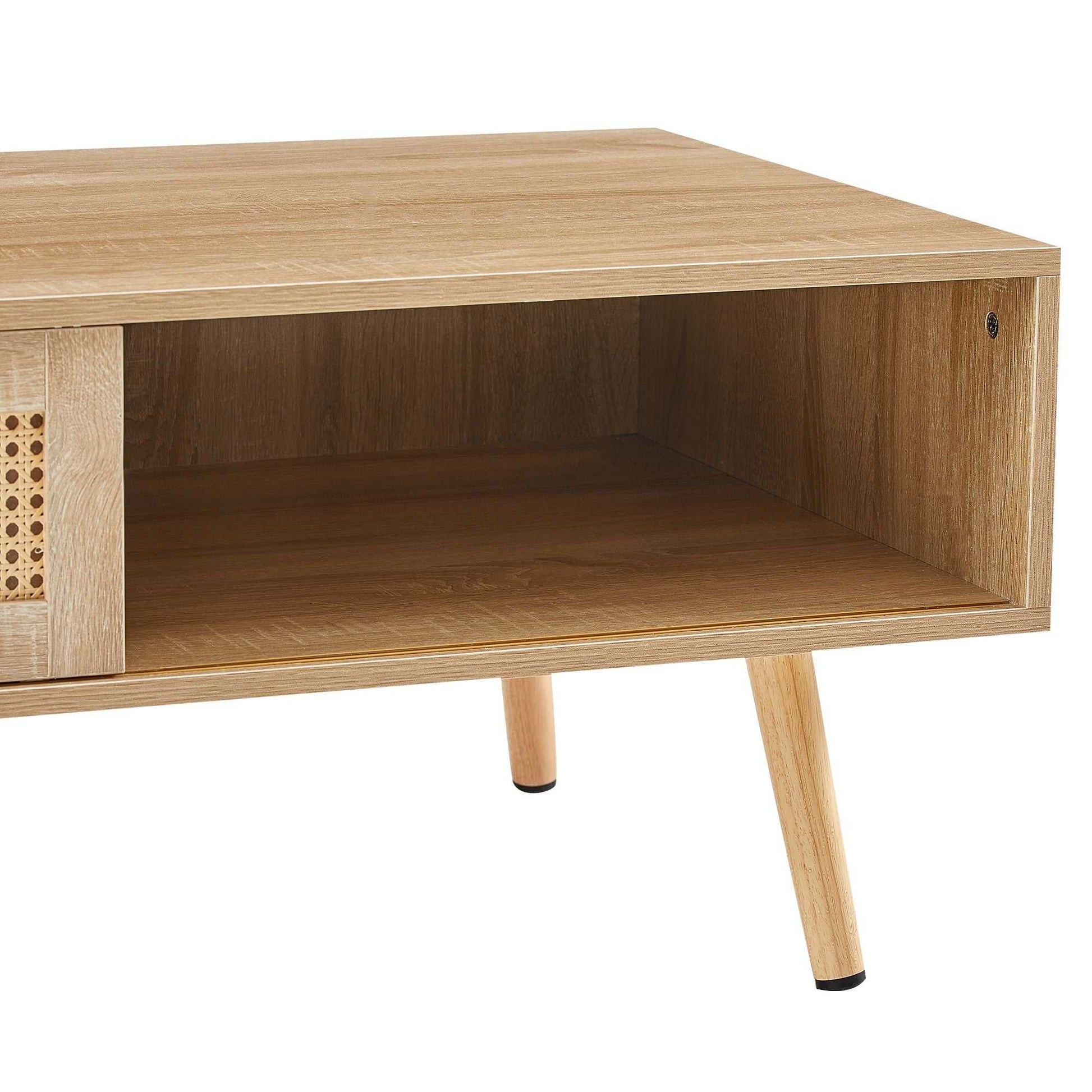 41.34" Rattan Coffee table, sliding door for storage, solid wood legs, Modern table for living room - luxuryhomedecoridea.com
