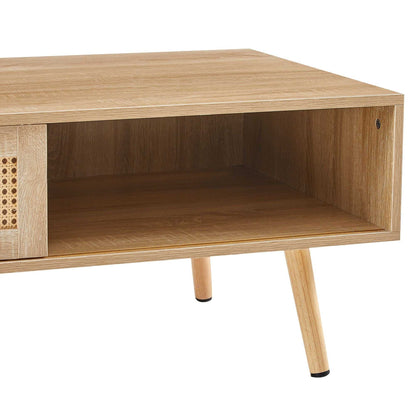 41.34" Rattan Coffee table, sliding door for storage, solid wood legs, Modern table for living room - luxuryhomedecoridea.com