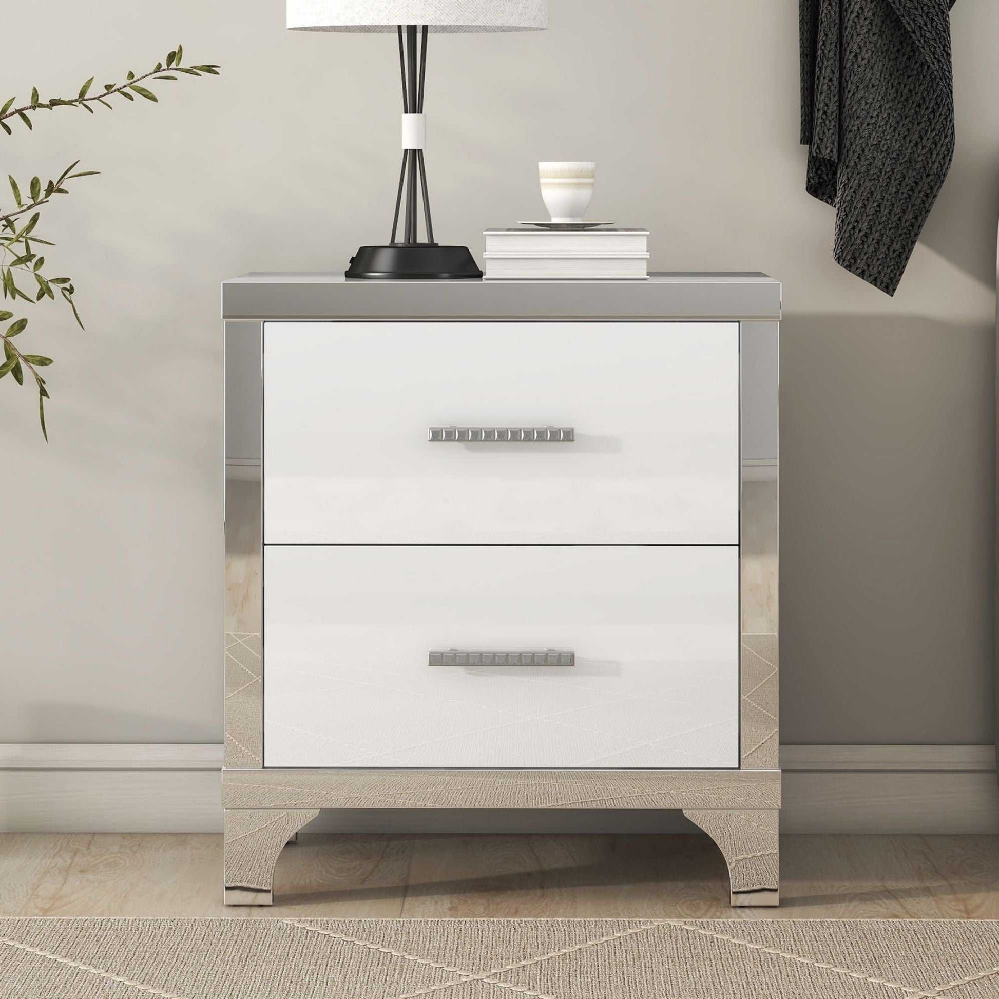 Elegant High Gloss Nightstand with Metal Handle,Mirrored Bedside Table with 2 Drawers for Bedroom,Living Room - luxuryhomedecoridea.com