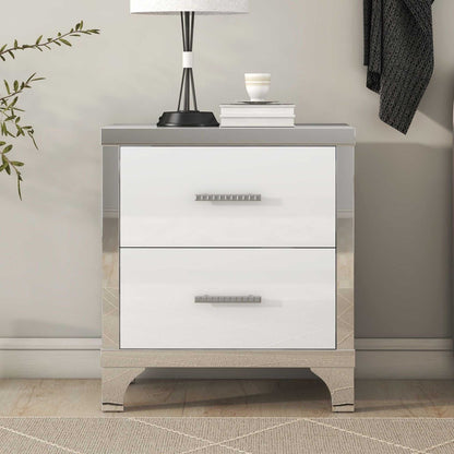Elegant High Gloss Nightstand with Metal Handle,Mirrored Bedside Table with 2 Drawers for Bedroom,Living Room - luxuryhomedecoridea.com