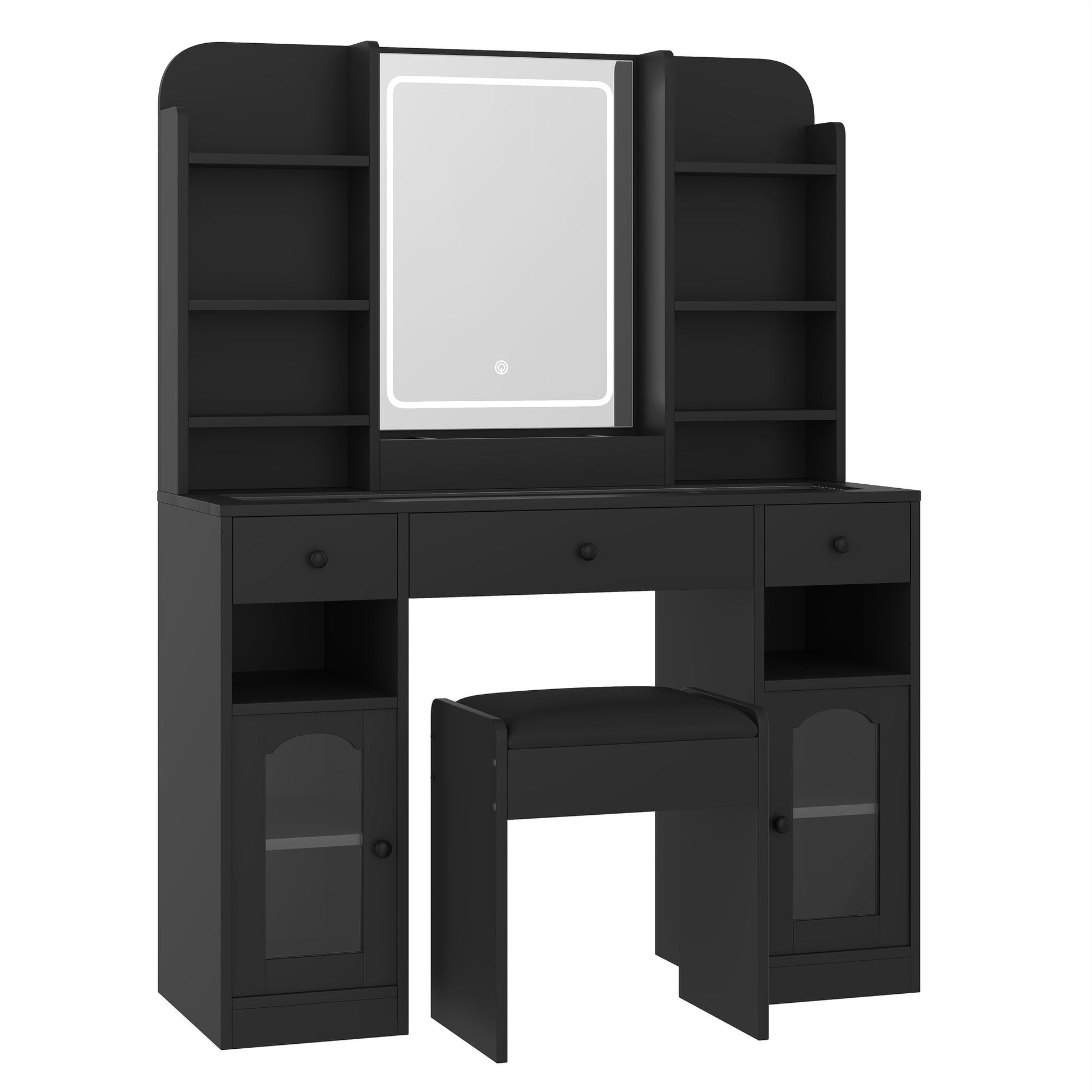 43.2" Vanity Desk with LED Mirror and Lights, Glass Top Vanity with RGB Glass Light Cabinets, Dressing Table with 3 Drawers ,Storage Shelves and Stool for Bedroom - luxuryhomedecoridea.com