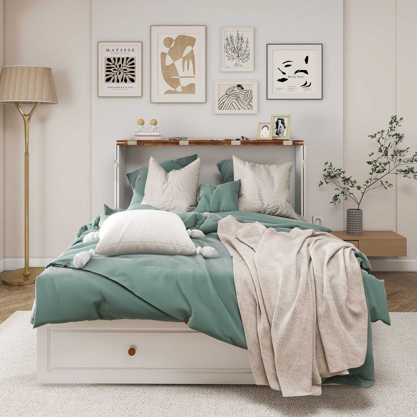 Queen Size Murphy Bed Frame with Drawers Murphy Chest Bed with Charging Station, 2 USB Ports Mobile Murphy Bed Sleeping Arrangement for Multipurpose Area for Bedroom Living Room Guest Room White&Wood - luxuryhomedecoridea.com