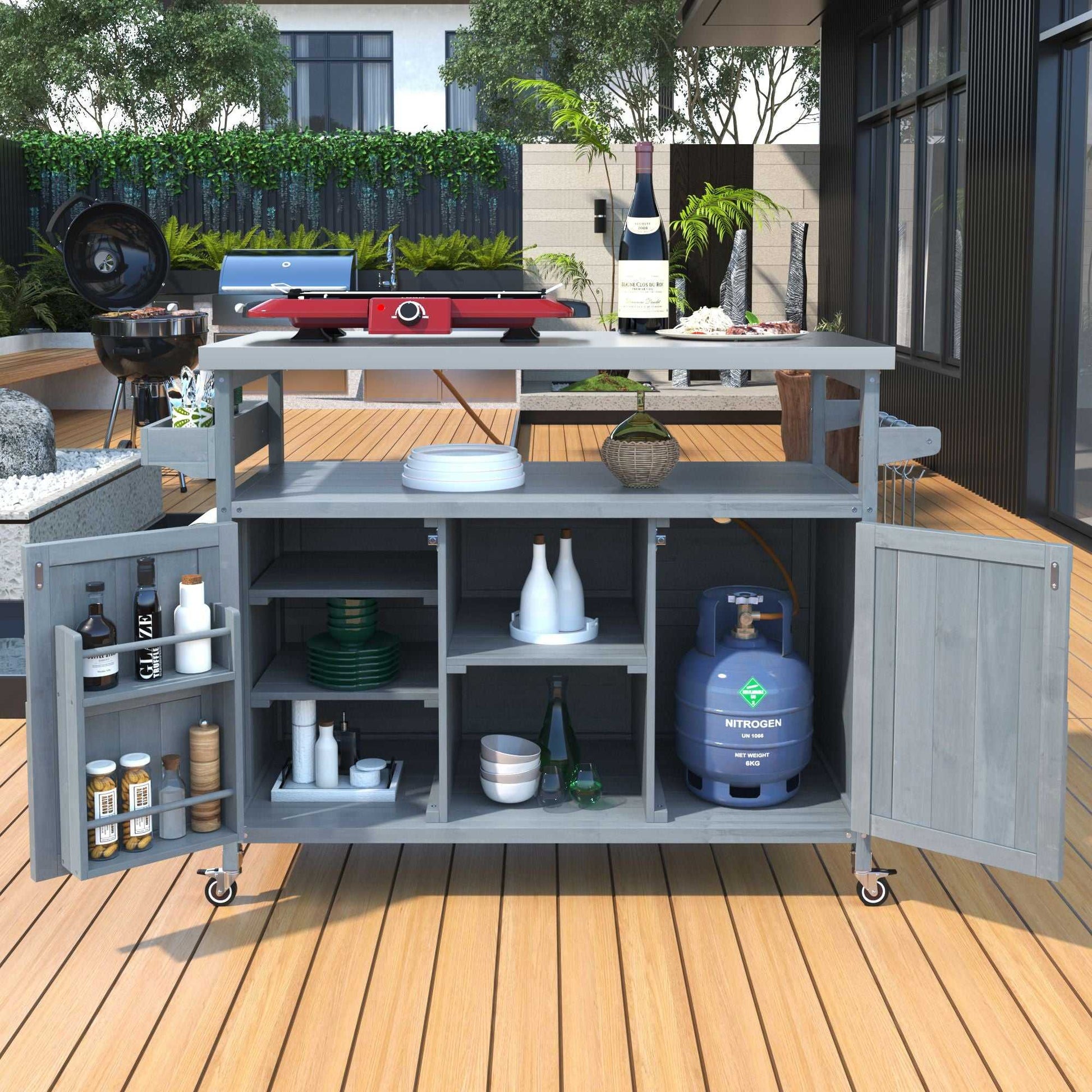 K&K Outdoor Kitchen Island, Rolling Bar Cart & Storage Cabinet, Farmhouse Solid Wood Outdoor Grill Table with Stainless Steel Top, Spice Rack , Towel Rack for Kitchen & BBQ , Grey Blue - luxuryhomedecoridea.com