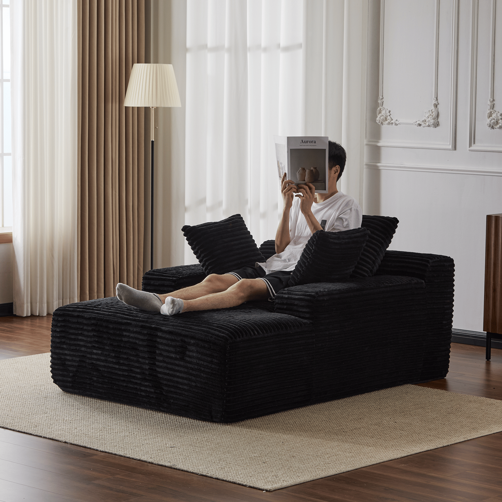 Double Chaise Lounge Chair Indoor,Oversized Upholstered Sleeper Cloud Couch,Deep Seat Luxury Sofa Bed,Sectional Sofa Chaise Love-seat,Corduroy Reading Chair for Living Room,No Assembly Required - luxuryhomedecoridea.com