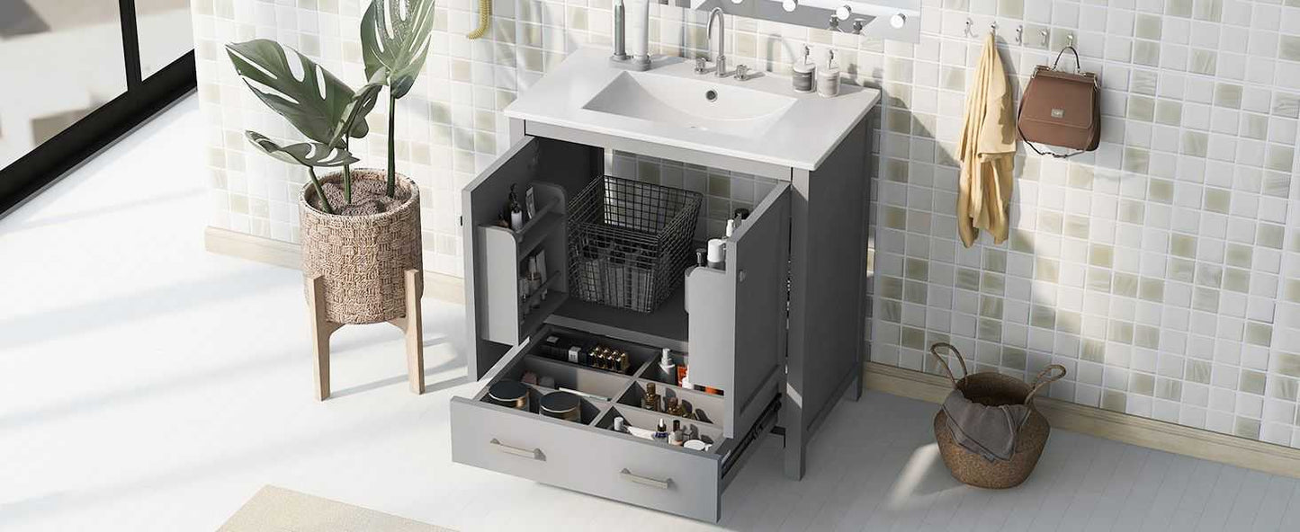 30" Bathroom Vanity with Single Sink, Combo Cabinet Undermount Sink, Bathroom Storage Cabinet with 2 Doors and a Drawer, Soft Closing, Multifunctional Storage, Solid Wood Frame - luxuryhomedecoridea.com