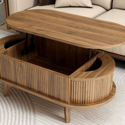 Fluted Lift Top Coffee Table with Hidden Compartment, Wooden Center Table, Modern Oval Lift Tabletop for Home Living Room Office, Walnut Brown Color - luxuryhomedecoridea.com