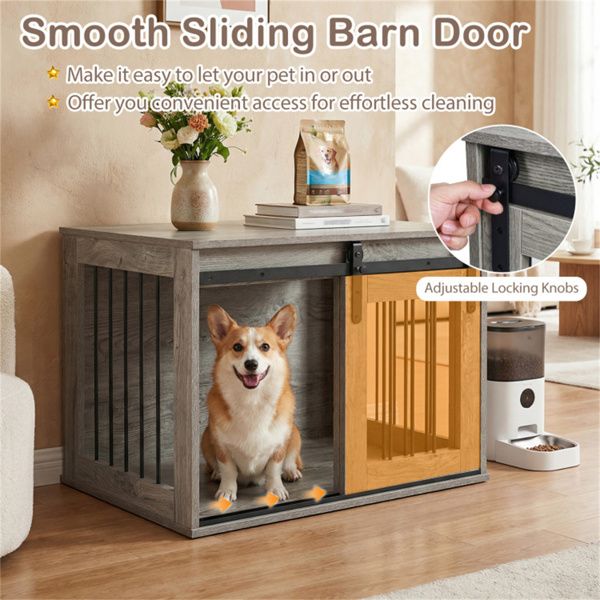 31.5" Dog Crate Furniture with Sliding Barn Door, Wooden Dog Kennel End Table for Indoor Use - Gray - luxuryhomedecoridea.com