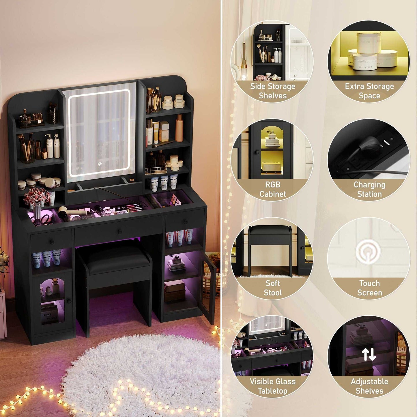 43.2" Vanity Desk with LED Mirror and Lights, Glass Top Vanity with RGB Glass Light Cabinets, Dressing Table with 3 Drawers ,Storage Shelves and Stool for Bedroom - luxuryhomedecoridea.com