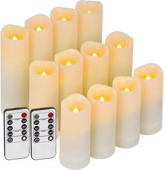 Enido 12 Pc Flameless LED Candles with Remote & Timer, Outdoor Waterproof, Flickering Electric Warm Lights for Cozy Home & Holiday Romantic Decor, Battery Operated for Party(D 2.2' x H 4'/5'/6' luxury home decor