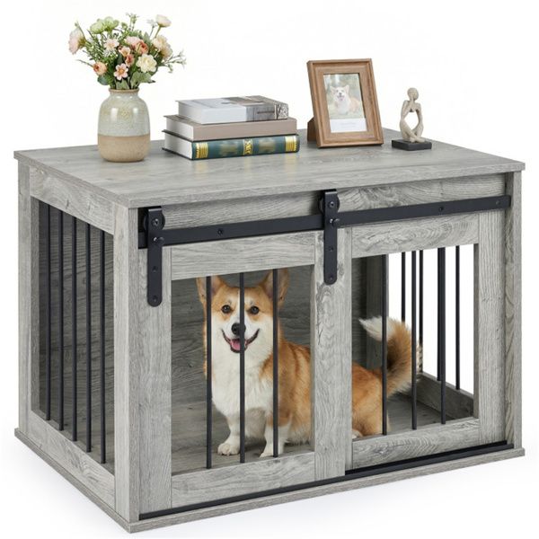 31.5" Dog Crate Furniture with Sliding Barn Door, Wooden Dog Kennel End Table for Indoor Use - Gray - luxuryhomedecoridea.com