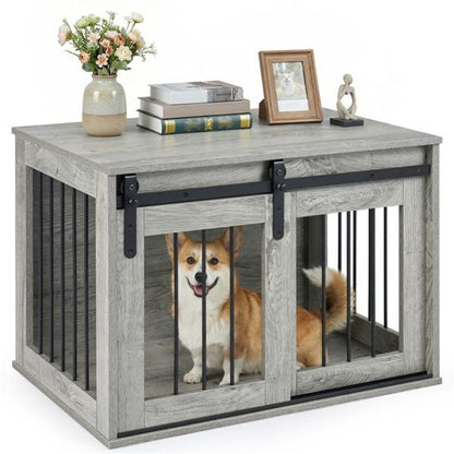 31.5" Dog Crate Furniture with Sliding Barn Door, Wooden Dog Kennel End Table for Indoor Use - Gray - luxuryhomedecoridea.com