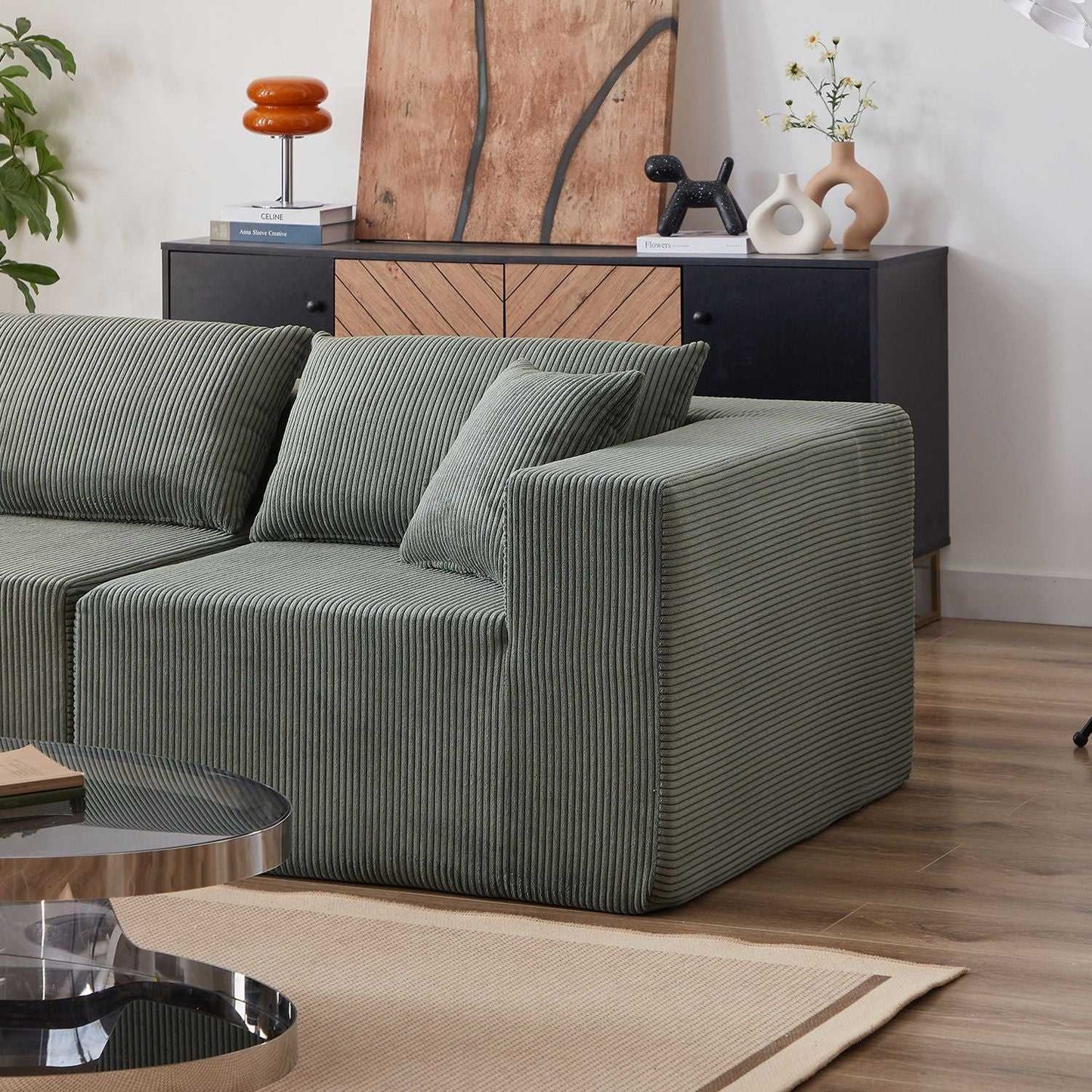 104-Inch Corduroy Modular L Shaped Sectional Sofa,Luxury Floor Couch Set,Upholstered Indoor Furniture,Foam-Filled Compressed Sofa for Living Room,Bedroom,4 PC Free Combination - luxuryhomedecoridea.com