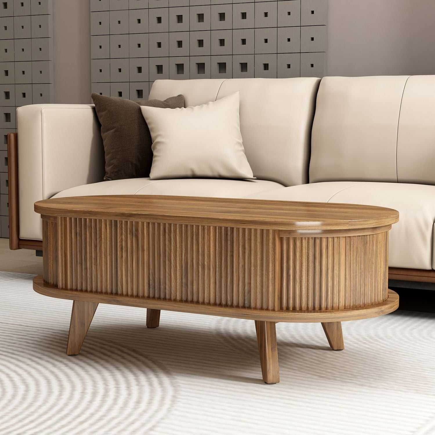 Fluted Lift Top Coffee Table with Hidden Compartment, Wooden Center Table, Modern Oval Lift Tabletop for Home Living Room Office, Walnut Brown Color - luxuryhomedecoridea.com