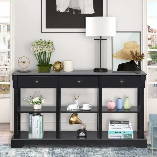 Console Sofa Table with Ample Storage; Retro Kitchen Buffet Cabinet Sideboard with Open Shelves and 3 Drawers; Accent Storage Cabinet for Entryway/Living Room Black Color - luxuryhomedecoridea.com